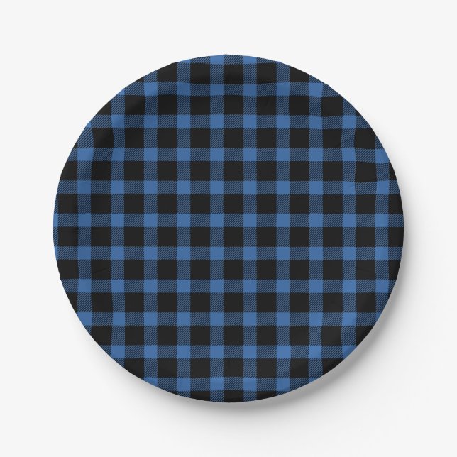 Blue And Black Buffalo Plaid Holiday Paper Plate (Front)