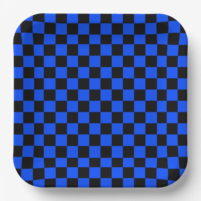 Blue and black checkerboard pattern paper plate (Front)