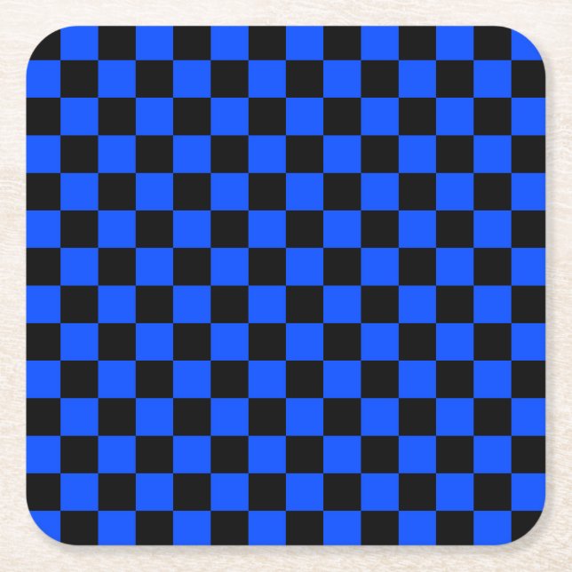 Blue and black checkerboard pattern square paper coaster (Front)