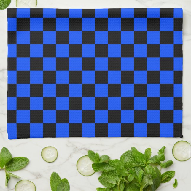 Blue and black checkerboard pattern tea towel (Folded)