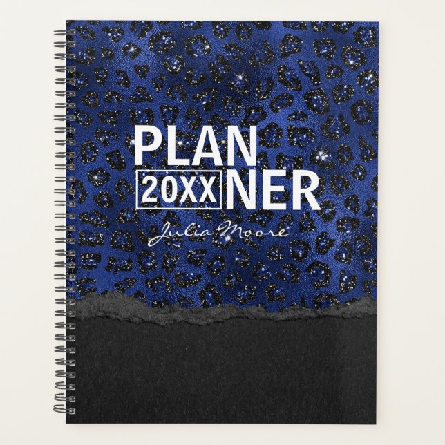 Blue And Black Cheetah Pattern Personalised Planner (Front)