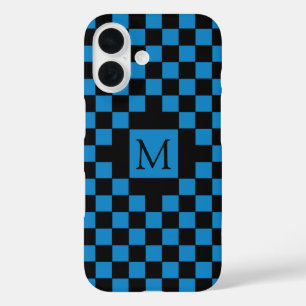 Blue and Black Chequerboard Pattern Monogram iPhone 16 Case