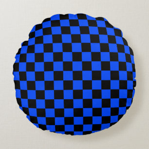 Blue and black chequerboard pattern round cushion