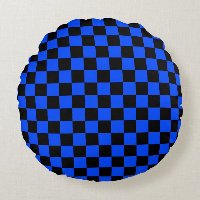Blue and black chequerboard pattern round cushion (Front)