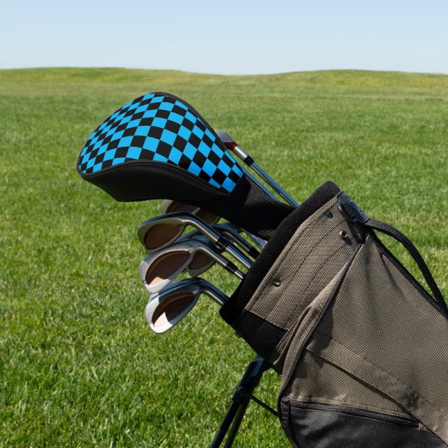 Blue and Black Chequered Print Golf Head Cover (In Situ)