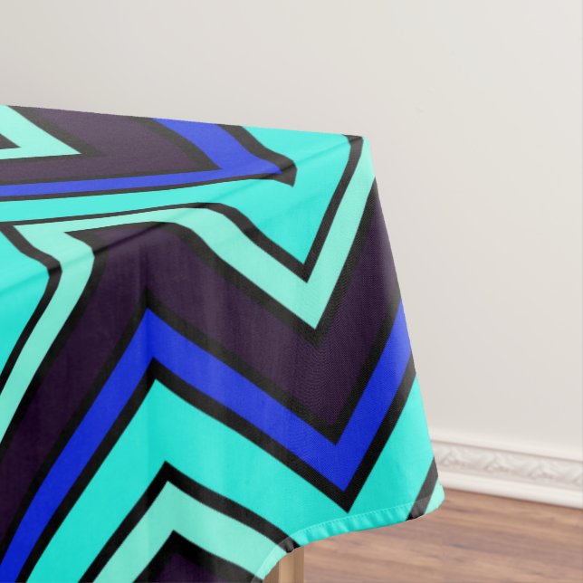 Blue and black chevron zigzag patterned tablecloth (In Situ)