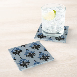 Blue and Black Classic Damask style Glass Coaster