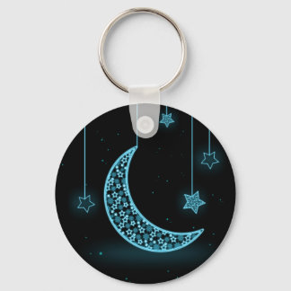 Blue and Black Crescent Moon and Stars Key Ring