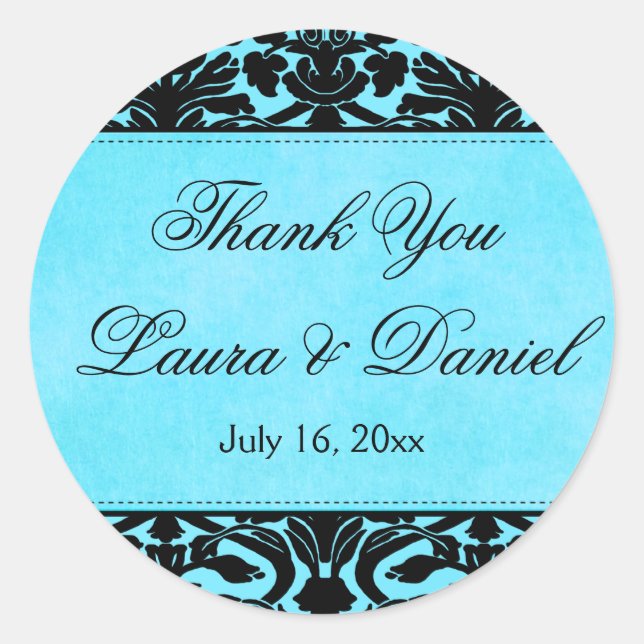 Blue and Black Damask 1.5" Thank You Sticker (Front)
