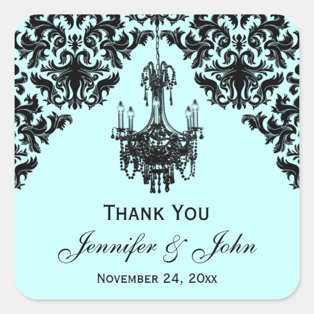 Blue and Black Damask Chandelier Favour Sticker (Front)