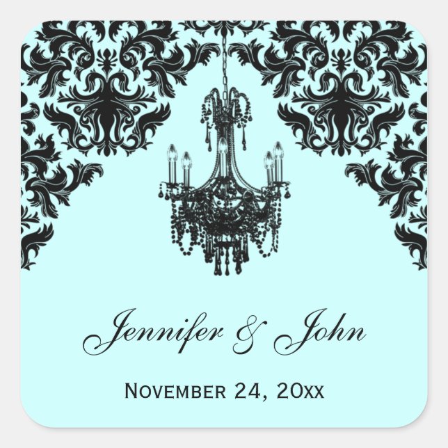 Blue and Black Damask Chandelier Wedding Sticker (Front)