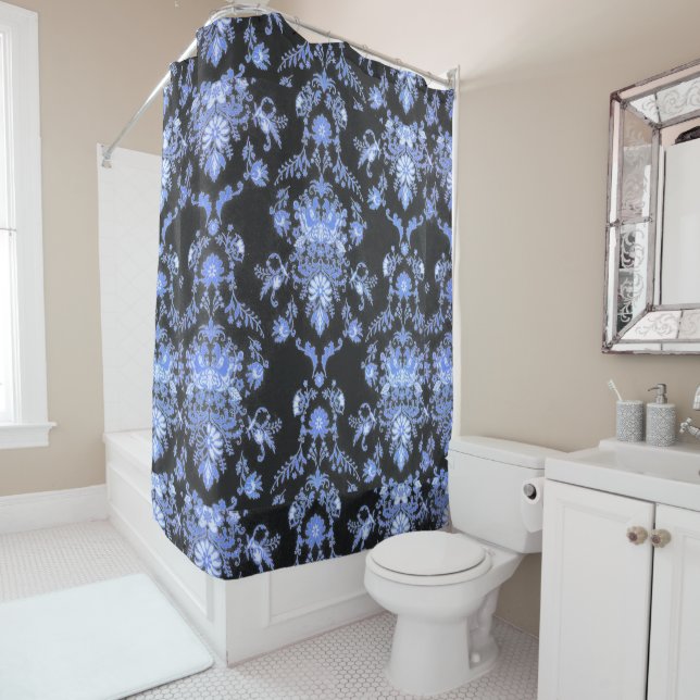 Blue and Black Damask Print Shower Curtain (In Situ)