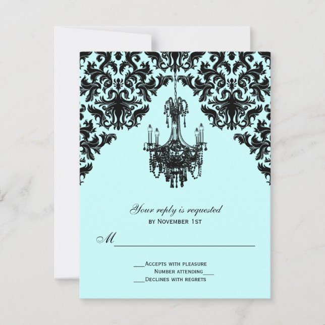 Blue and Black Damask with Chandelier RSVP Card (Front)
