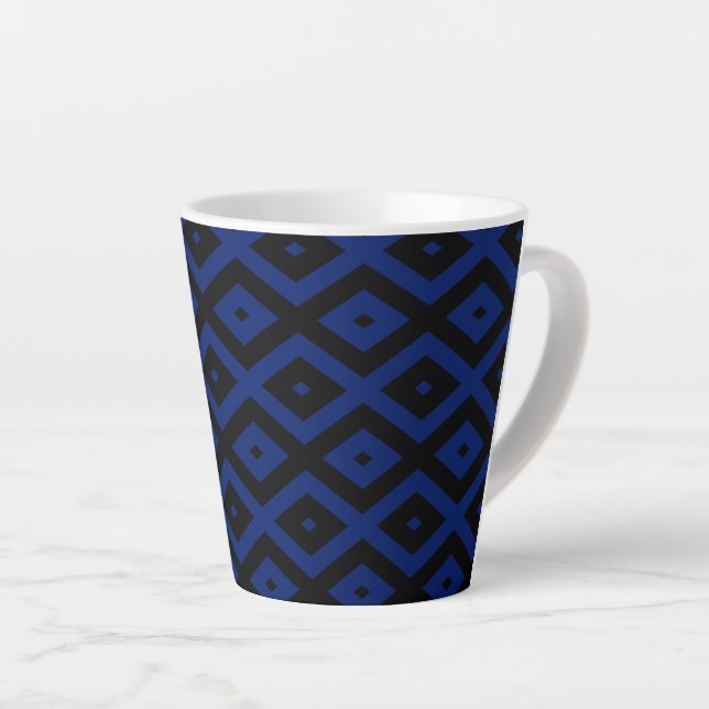 Blue and black diamond pattern latte mug (Right Angle)