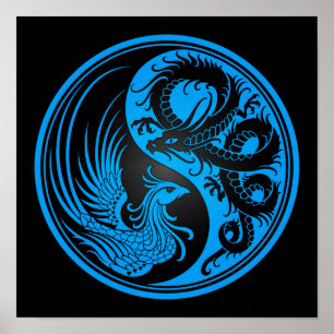 Blue and Black Dragon Phoenix Yin Yang Poster