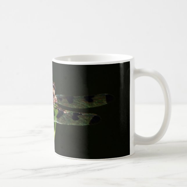 Blue and black  Dragonfly on green and red grass Coffee Mug (Right)