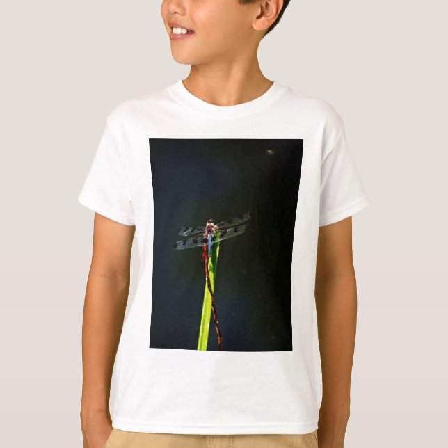 Blue and black  Dragonfly on green and red grass T-Shirt (Front)