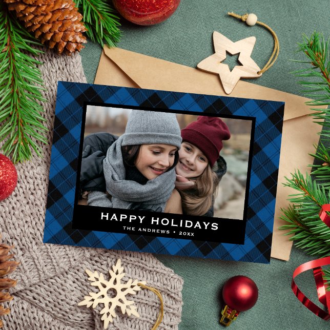 Blue and Black Festive Tartan Christmas Photo Holiday Card (Creator Uploaded)