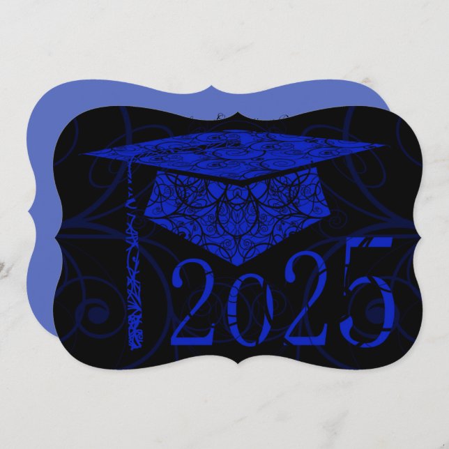 Blue and Black Floral Cap 2025 Graduation Party Invitation (Front/Back)