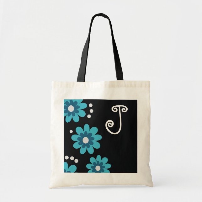 Blue And Black Floral Monogram Tote Bag (Front)