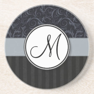 Blue and Black Floral Wisps, Stripes with Monogram Coaster