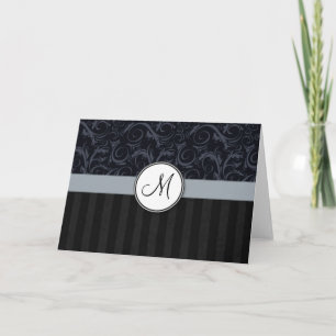 Blue and Black Floral Wisps, Stripes with Monogram Note Card