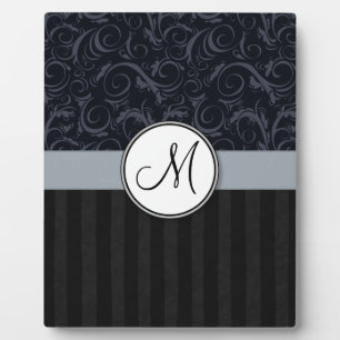 Blue and Black Floral Wisps, Stripes with Monogram Plaque