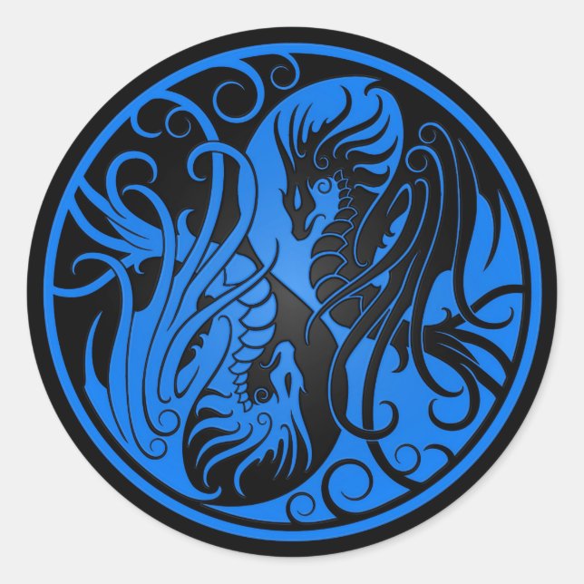 Blue and Black Flying Yin Yang Dragons Classic Round Sticker (Front)