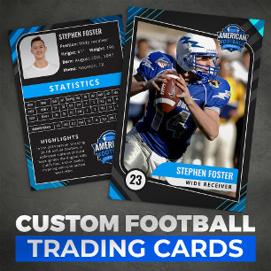 Blue and Black Football Trading Card with Stats