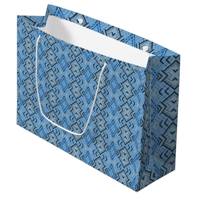 Blue and Black Geometric Pattern  Large Gift Bag (Front Angled)