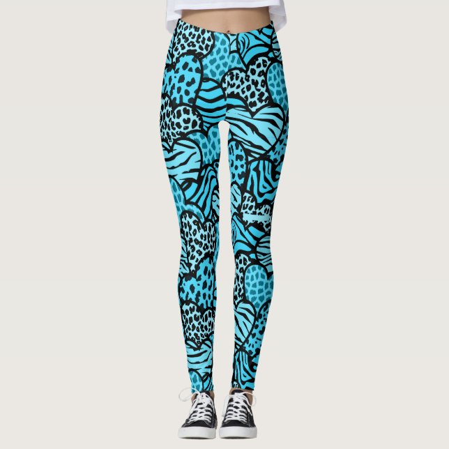 Blue and black girly animal print hearts watch leggings (Front)