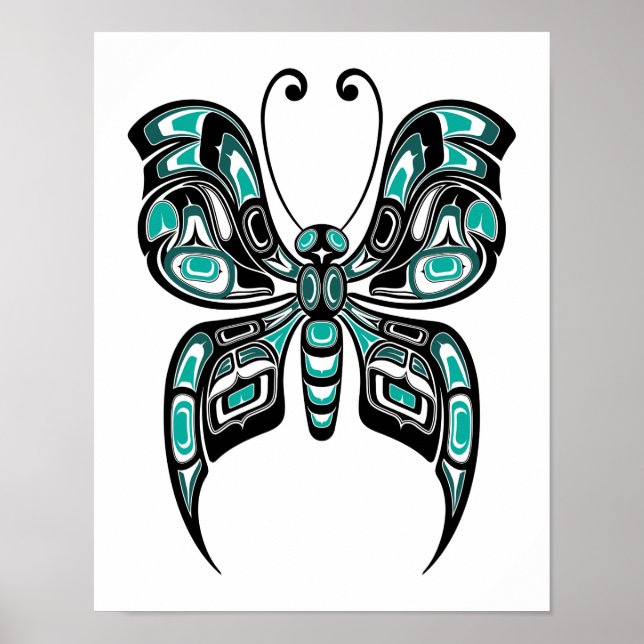 Blue and Black Haida Spirit Butterfly on White Poster (Front)