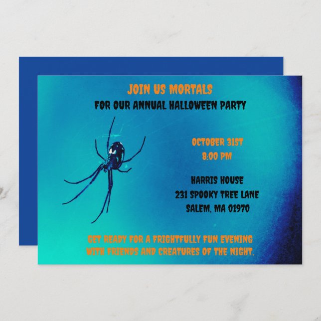 Blue and Black  Halloween Scary Black Spider  Invitation (Front/Back)