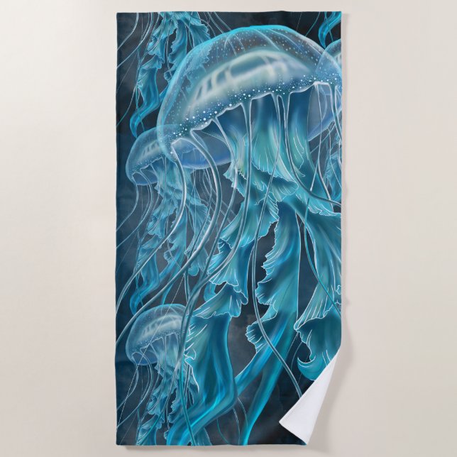 Blue and Black Jellyfish Beach Towel (Front)