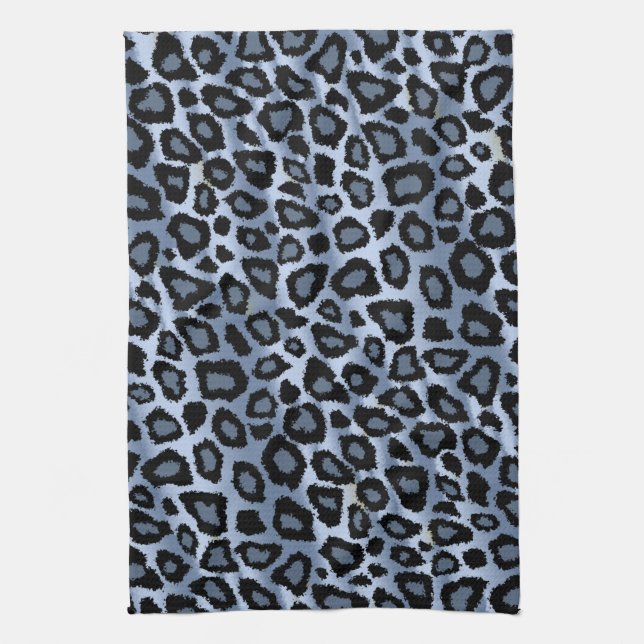 Blue and Black Leopard Animal Print Tea Towel (Vertical)