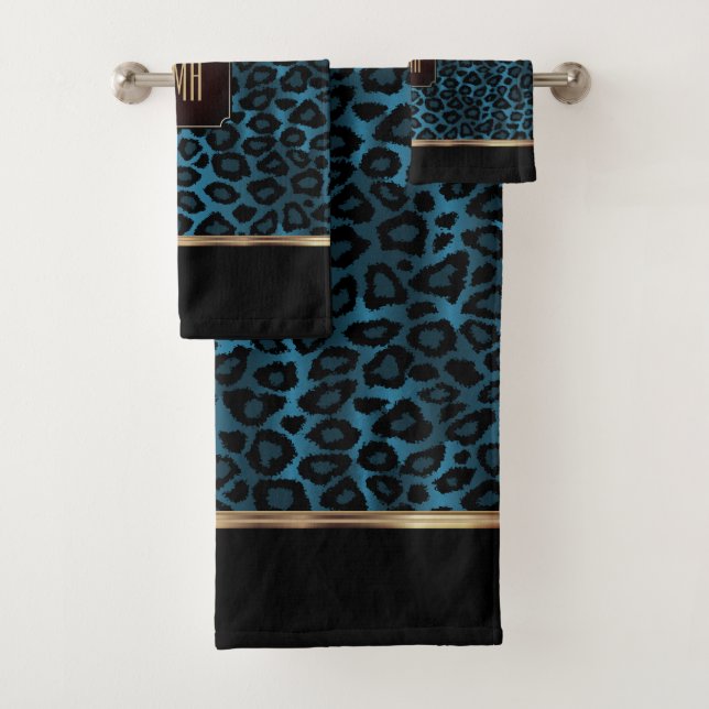 Blue and Black Leopard Pattern with Monogram Bath Towel Set (Insitu)