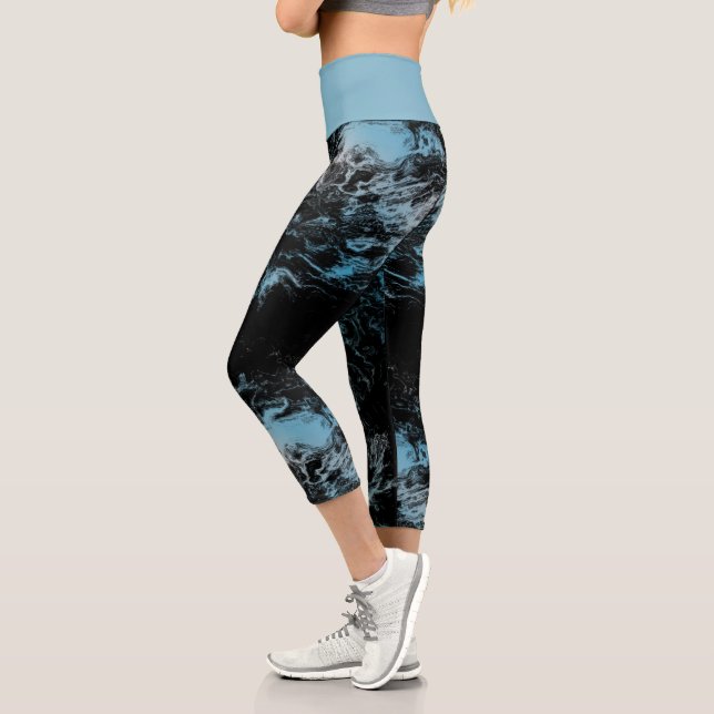 Blue and black marble Abstract Capri Leggings (Left)