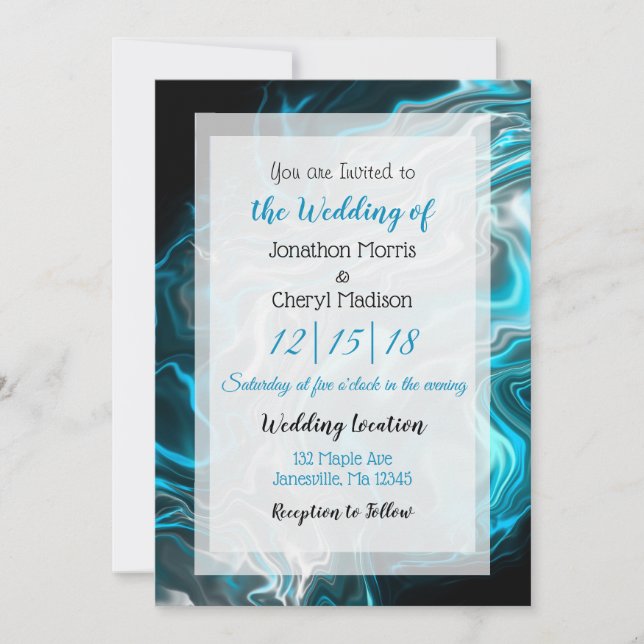 Blue and Black Marble  Fluid Art Wedding     Invitation (Front)