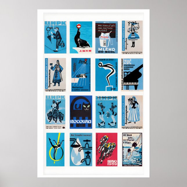 Blue and Black Matchbox Label Collage, minimalist Poster (Front)