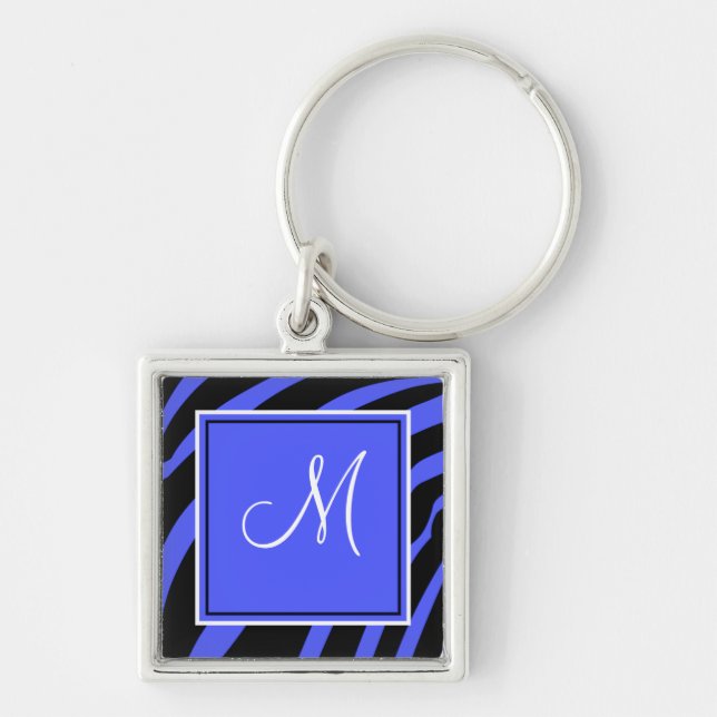 Blue and Black Monogram Zebra Print Keychain (Front)