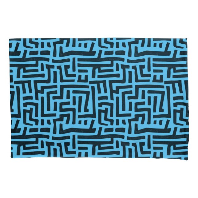 Blue And Black Motif | Geometric Maze Pattern Pillowcase (Front)