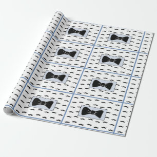 Blue and Black Moustache Bow Tie Wrapping Paper