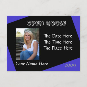 blue and black open house postcard