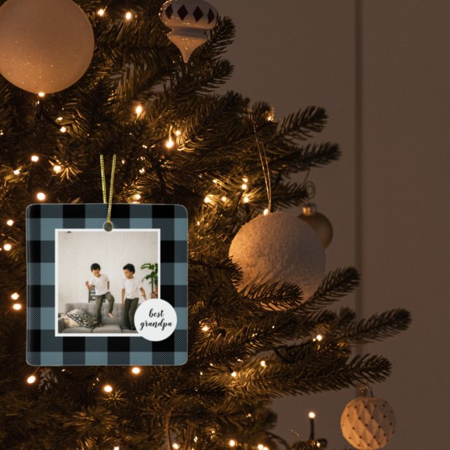 Blue And Black Plaid Best Grandpa Gift With Photo Ceramic Ornament (Creator Uploaded)