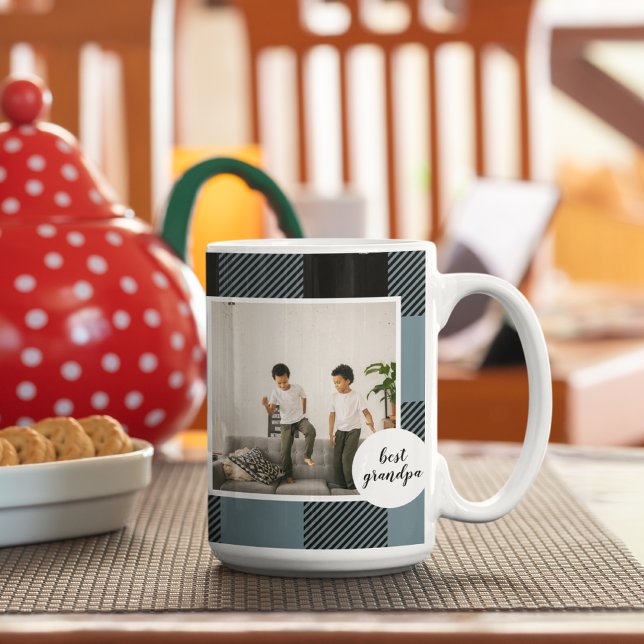 Blue And Black Plaid Best Grandpa Gift With Photo Coffee Mug (Creator Uploaded)