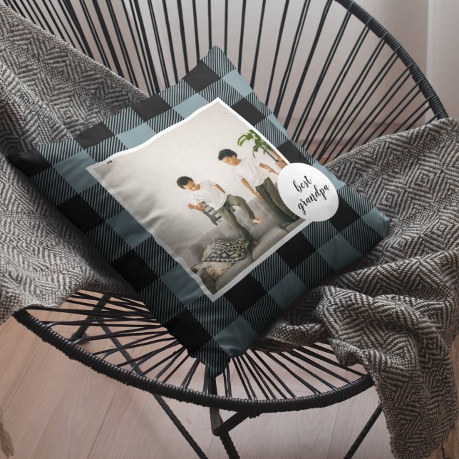 Blue And Black Plaid Best Grandpa Gift With Photo Cushion (Creator Uploaded)