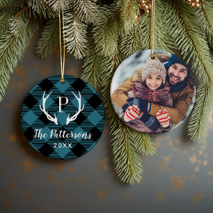 Blue and Black Plaid Rustic Antler Monogram Photo Ceramic Ornament