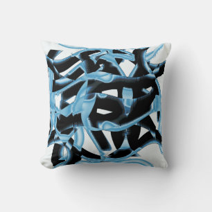 Blue and black scraps or ribbons being destroyed cushion