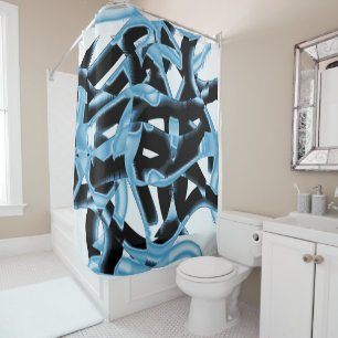 Blue and black scraps or ribbons being destroyed shower curtain