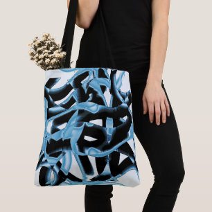 Blue and black scraps or tapes being destroyed tote bag